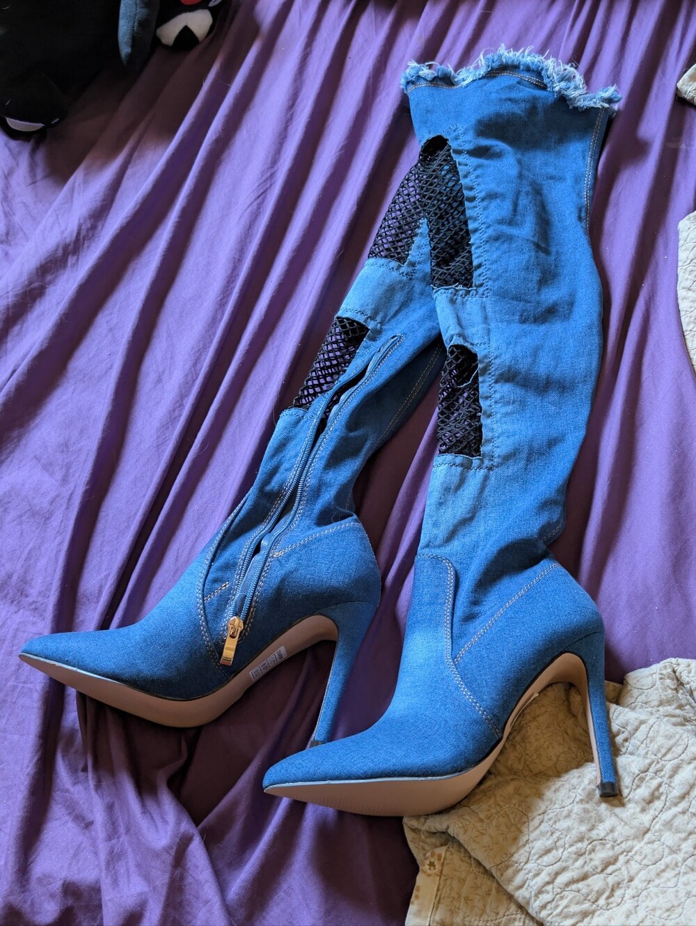 Size 9 OTK Fishnet Peekaboo Blue Jean Heels